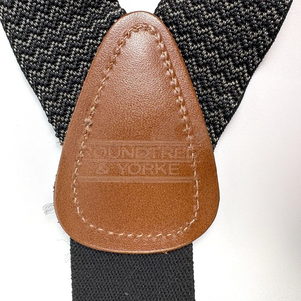 Roundtree & Yorke Suspenders Braces Black Gray Chevron Stretch Adj. Clip On Gold